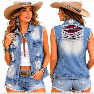 POL Distressed Denim Vest Women Small Blue Plaid Flannel Lined Frayed Edgy